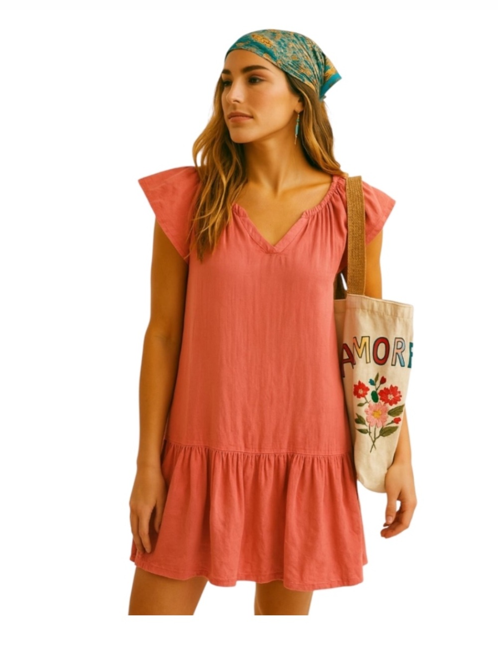 NWT Finley Hattie Dress Pink Coral Linen Flutter Sleeve Casual Dress Size XS